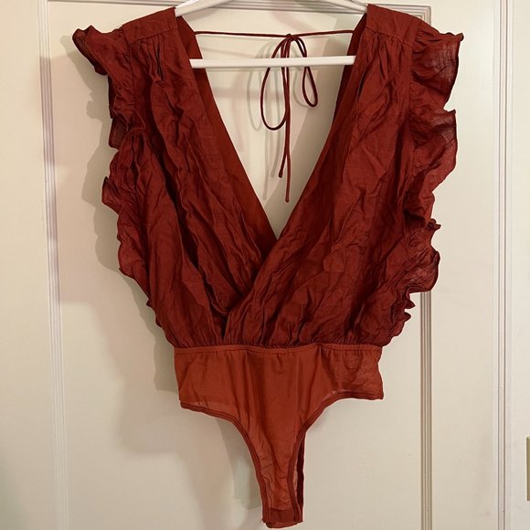 Smile Awhile Rust Red Ruffled Surplice Bodysuit, Size S - Picture 7 of 9